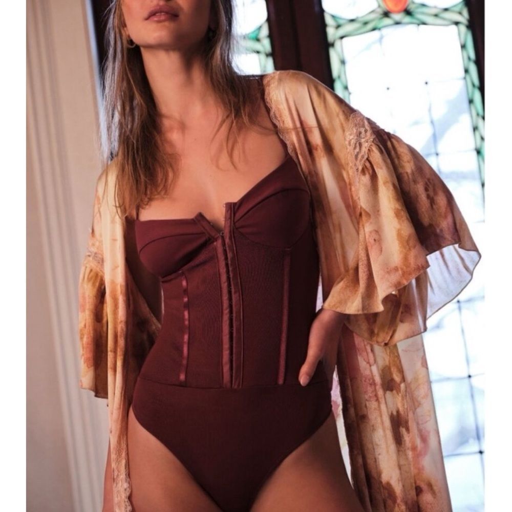 🆕 New With Tags FREE PEOPLE Night Rhythm Corset Bodysuit / Washed Maroon - Picture 2 of 13